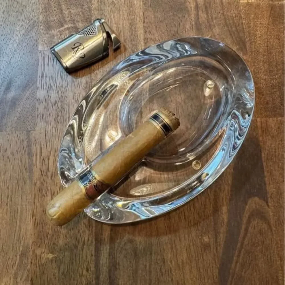 Nat Sherman Crystal Glass Cigar Ashtray – Heavy Etched Oval Ashtray
